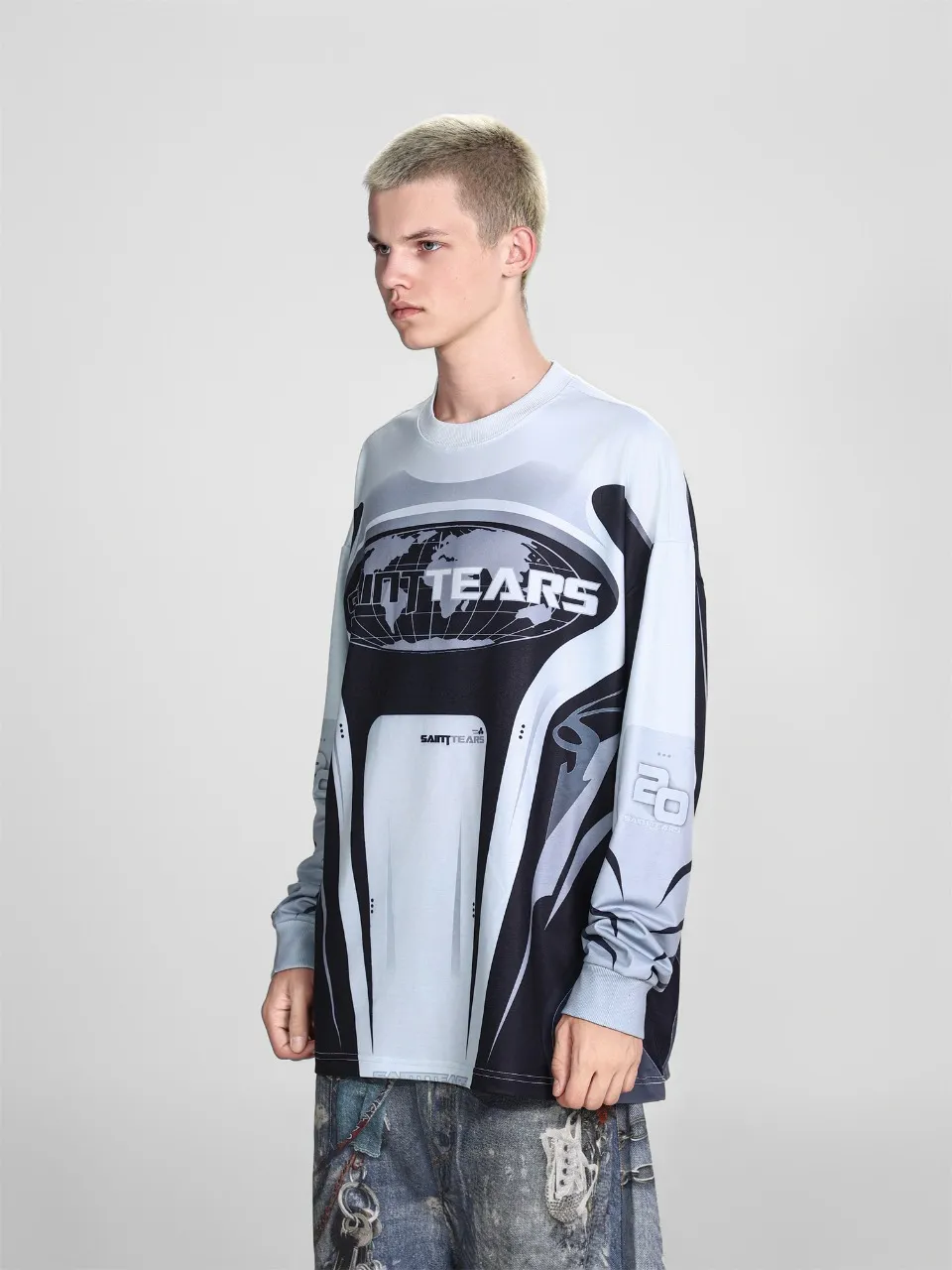 Saint michael tears all-over printed long-sleeved vintage autumn and winter T-shirt Style number: 113 Size: M L XL Wholesale price: 136 Color: white gray blue